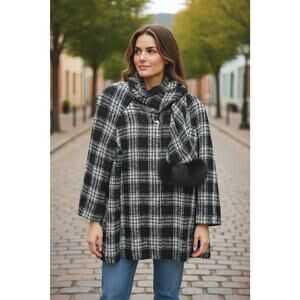 Lilli Ann Vintage Wool Cape Coat Open Front Attached Fox Fur Trim Scarf XXL 60s